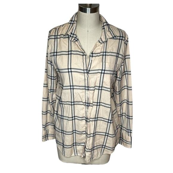 J. Crew Factory Beige Plaid Boy Fit Button Up Cotton Shirt Women's Size S - Picture 1 of 5